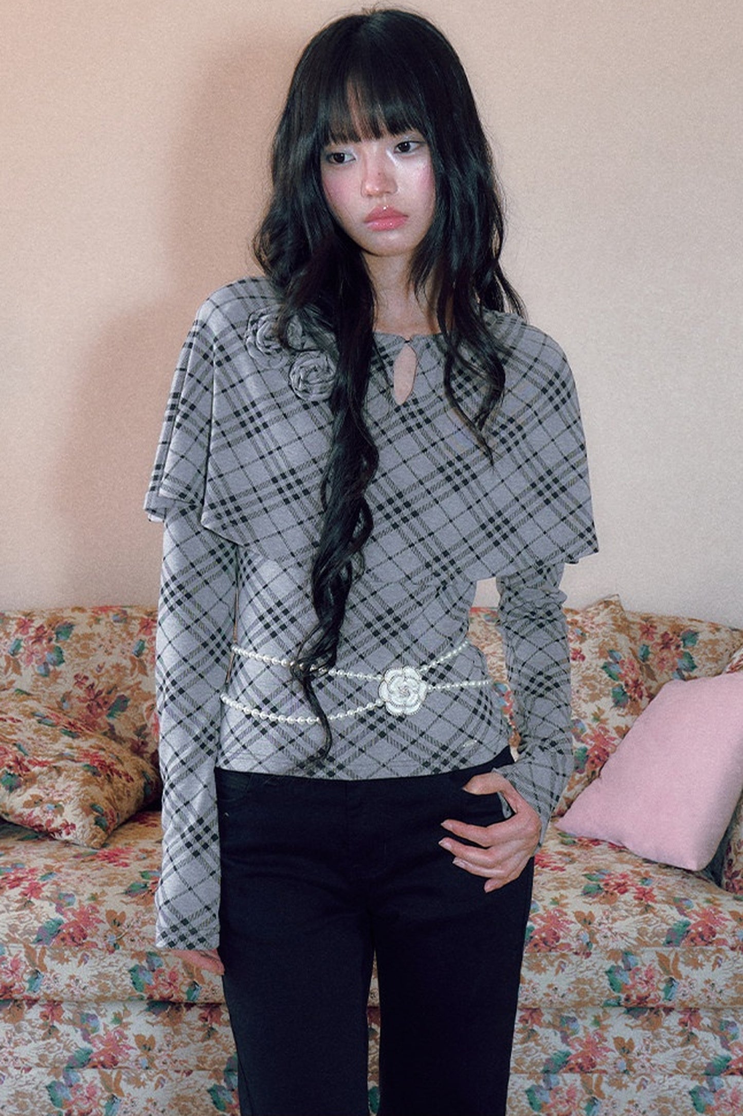 Floral Plaid Cape Top and Pants Set-Up