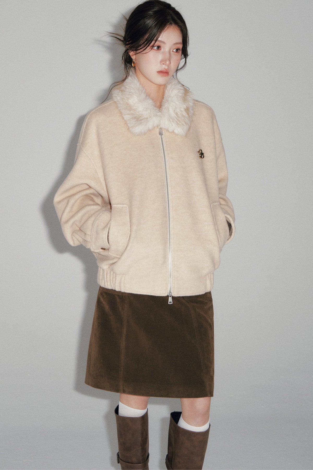 Oatmeal Loose Off-Shoulder Jacket