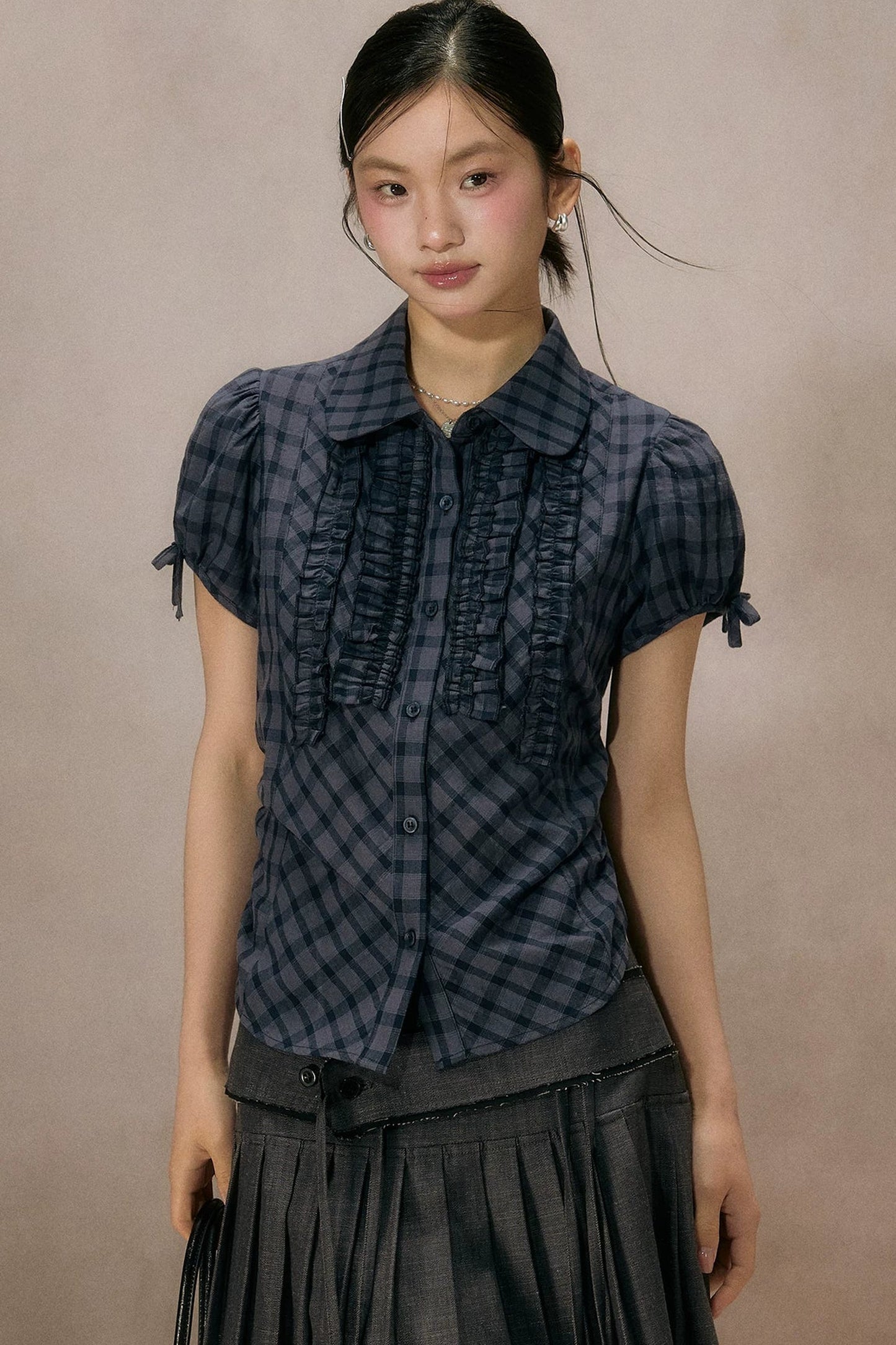 Navy Plaid Ruffled Short Sleeve Shirt