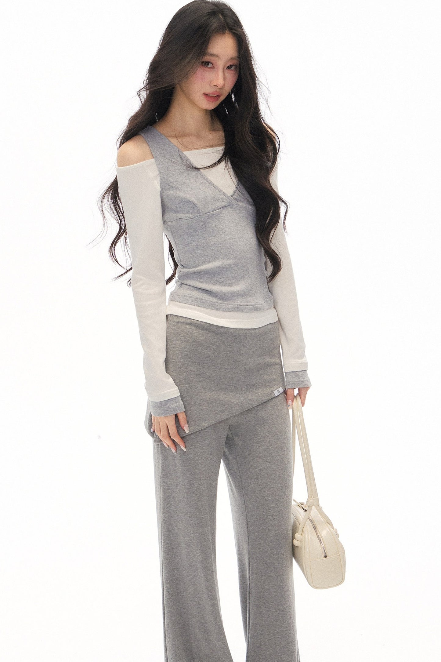 One-Shoulder V-Neck Long-Sleeve T-Shirt and Pants Set-Up