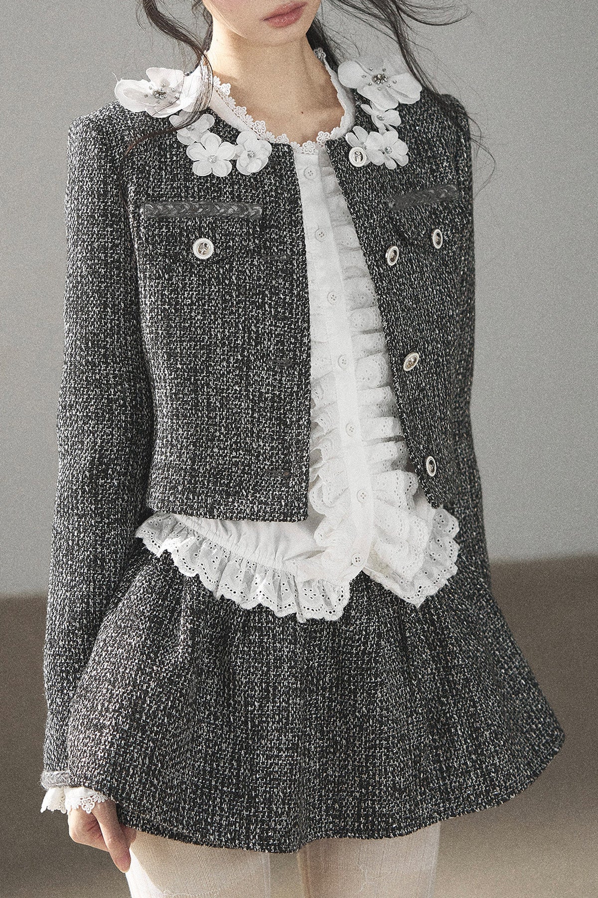 Black White Tweed Jacket With Skirt and Top Set-Up