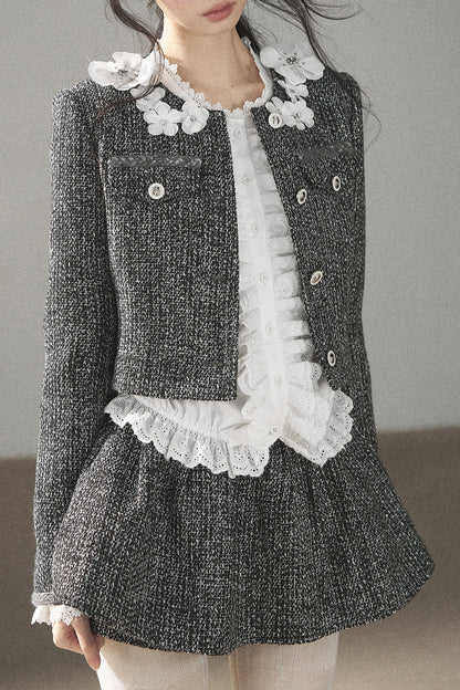 Black White Tweed Jacket With Skirt and Top Set-Up