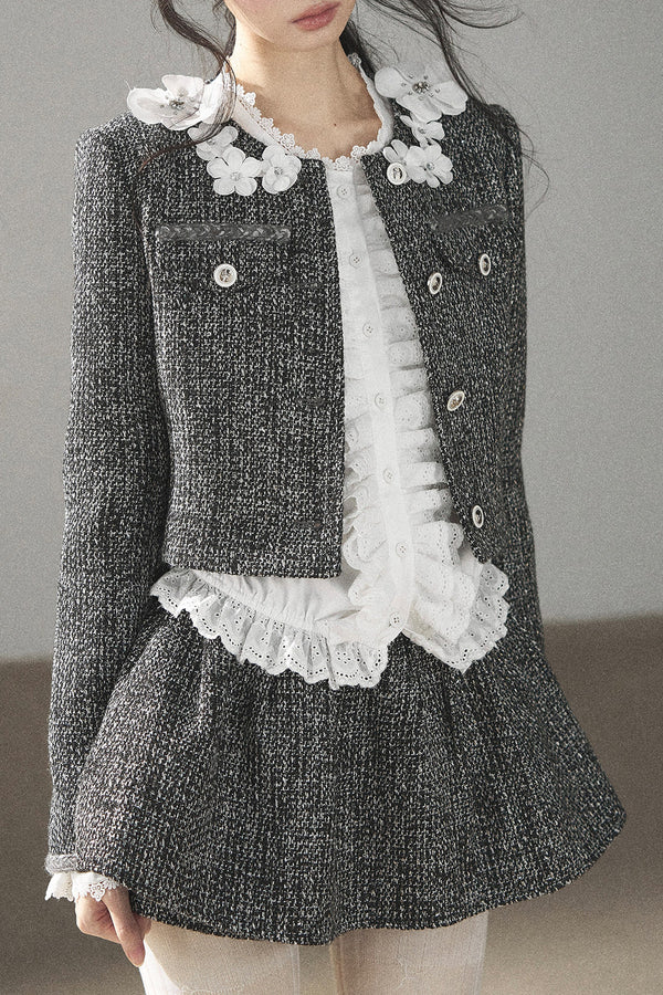 Black White Tweed Jacket With Skirt and Top Set-Up