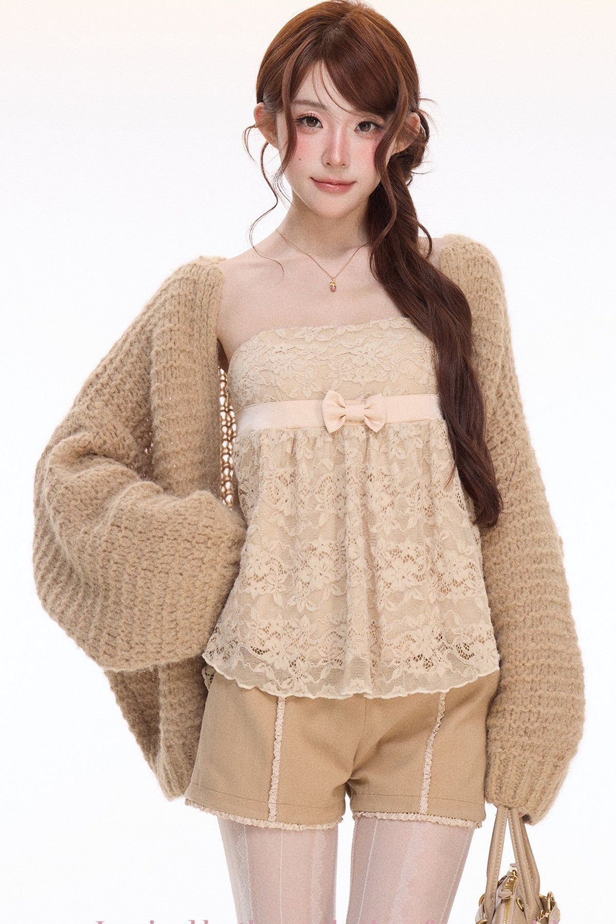 Chunky Knit Cardigan With Lace Top and Pants Set-Up