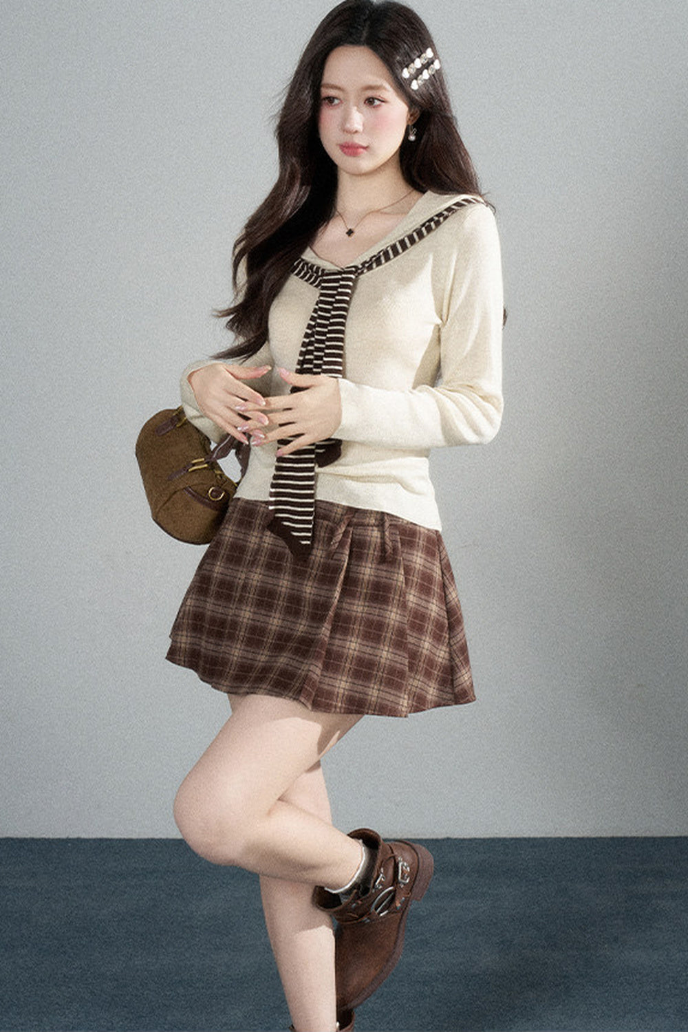 Preppy Navy Collar Blouse and Skirt Set-Up