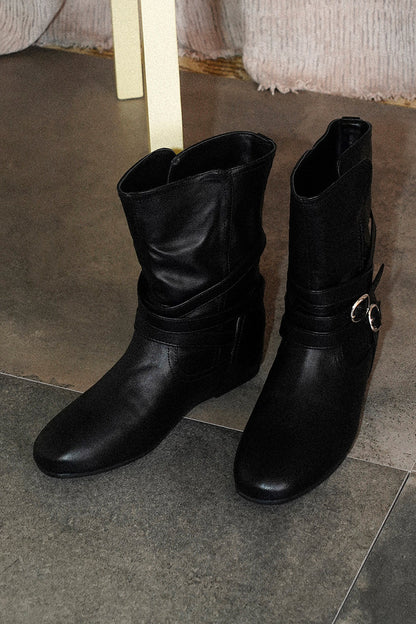 Round Toe Buckle Wedge Boots