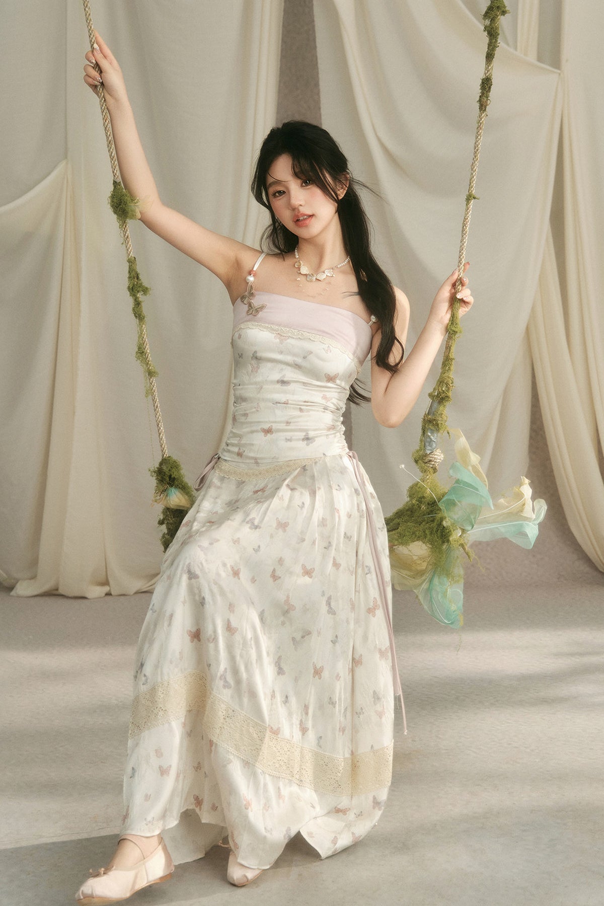 Butterfly Embroidered Cami, Mamian Skirt and Top Set-Up