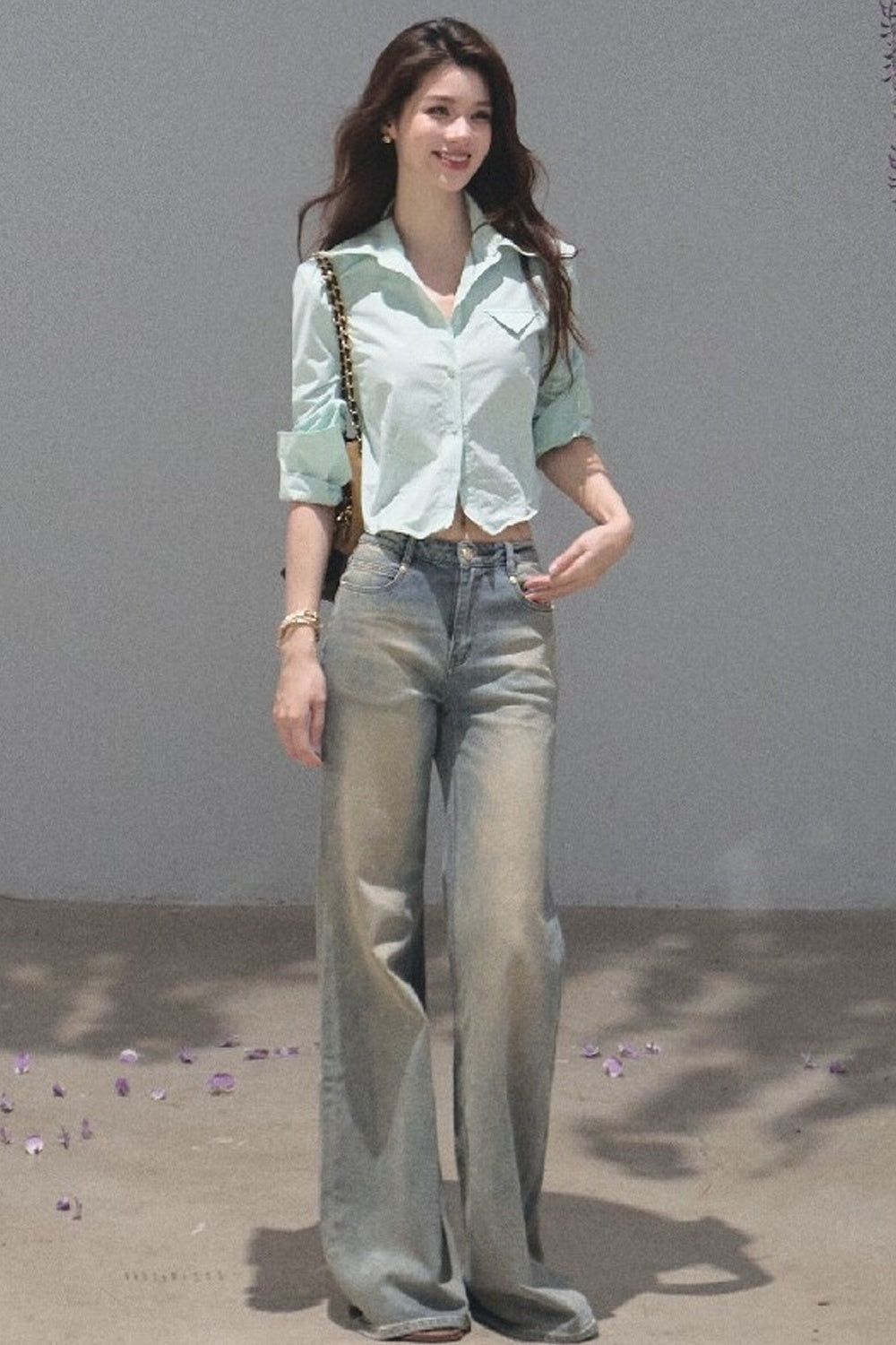 Salt-Washed Gradient Loose Wide-Leg Flared Jeans
