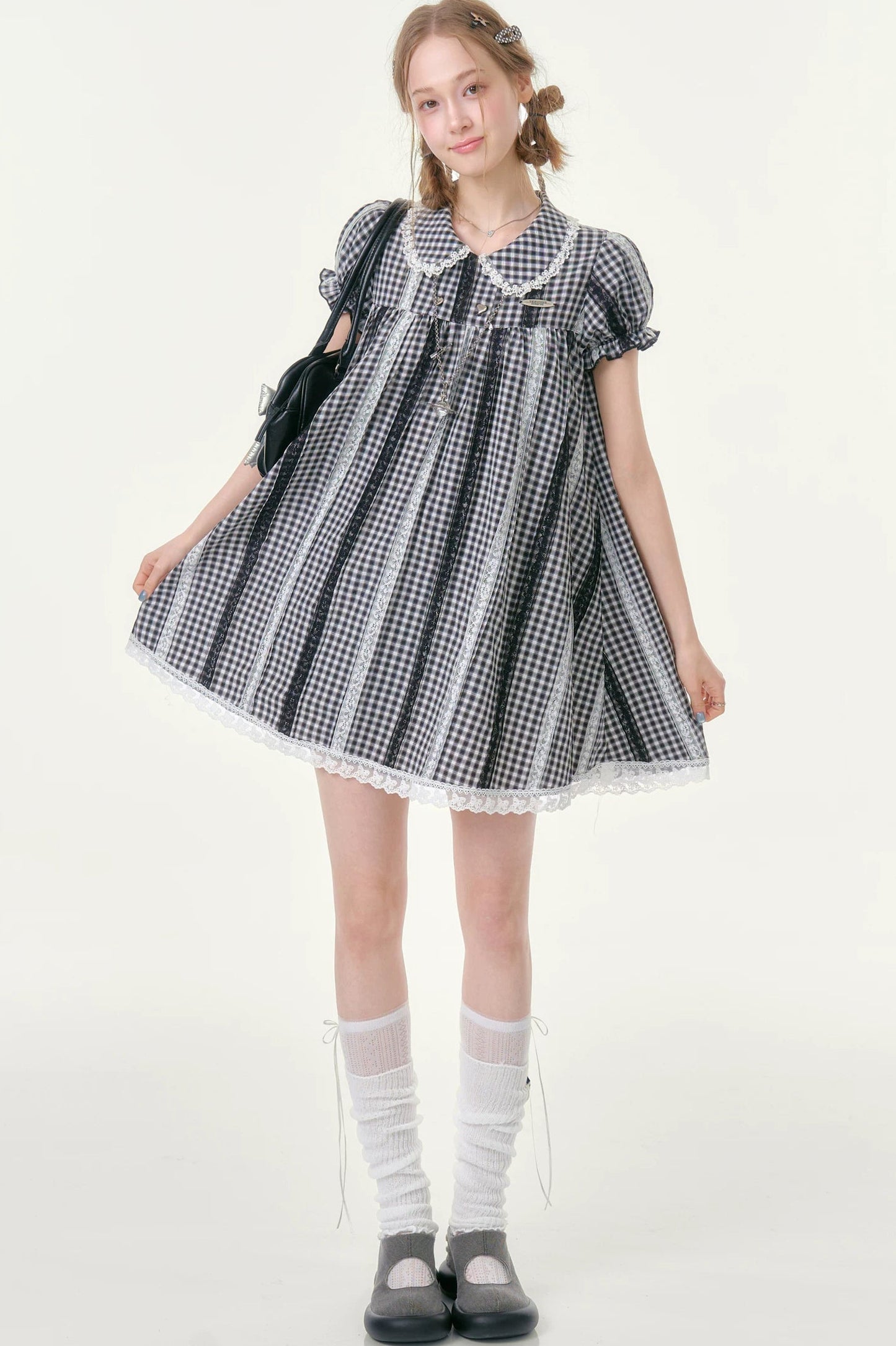 Retro Plaid Doll Collar Lace Dress
