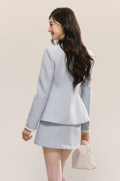 Pearl Round Neck Woolen Coat and Skirt Set-Up