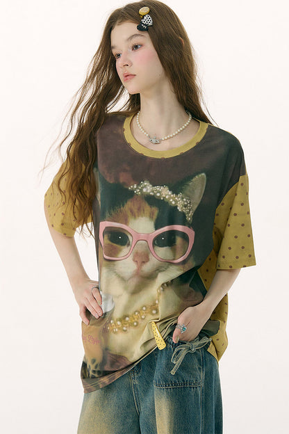 Locker sitzendes Kurzarm-T-Shirt mit Katzenprint