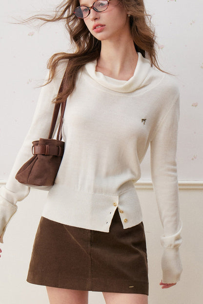 Asymmetric Diagonal Button Cowl Knit Top