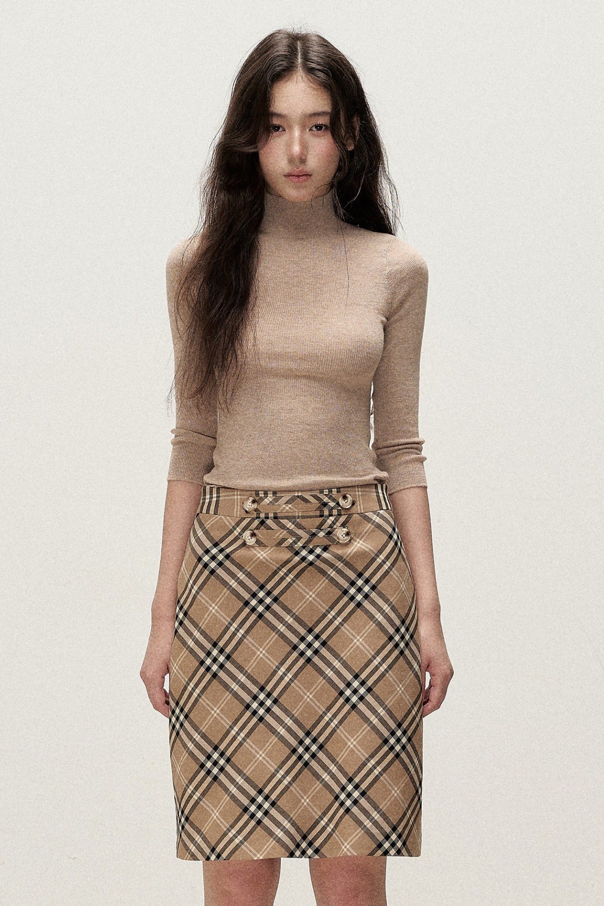 Milk Brown Plaid Napoleon Button Skirt