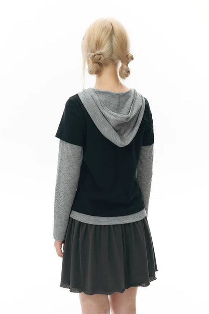 Layered-Look Hooded Long-Sleeve Top