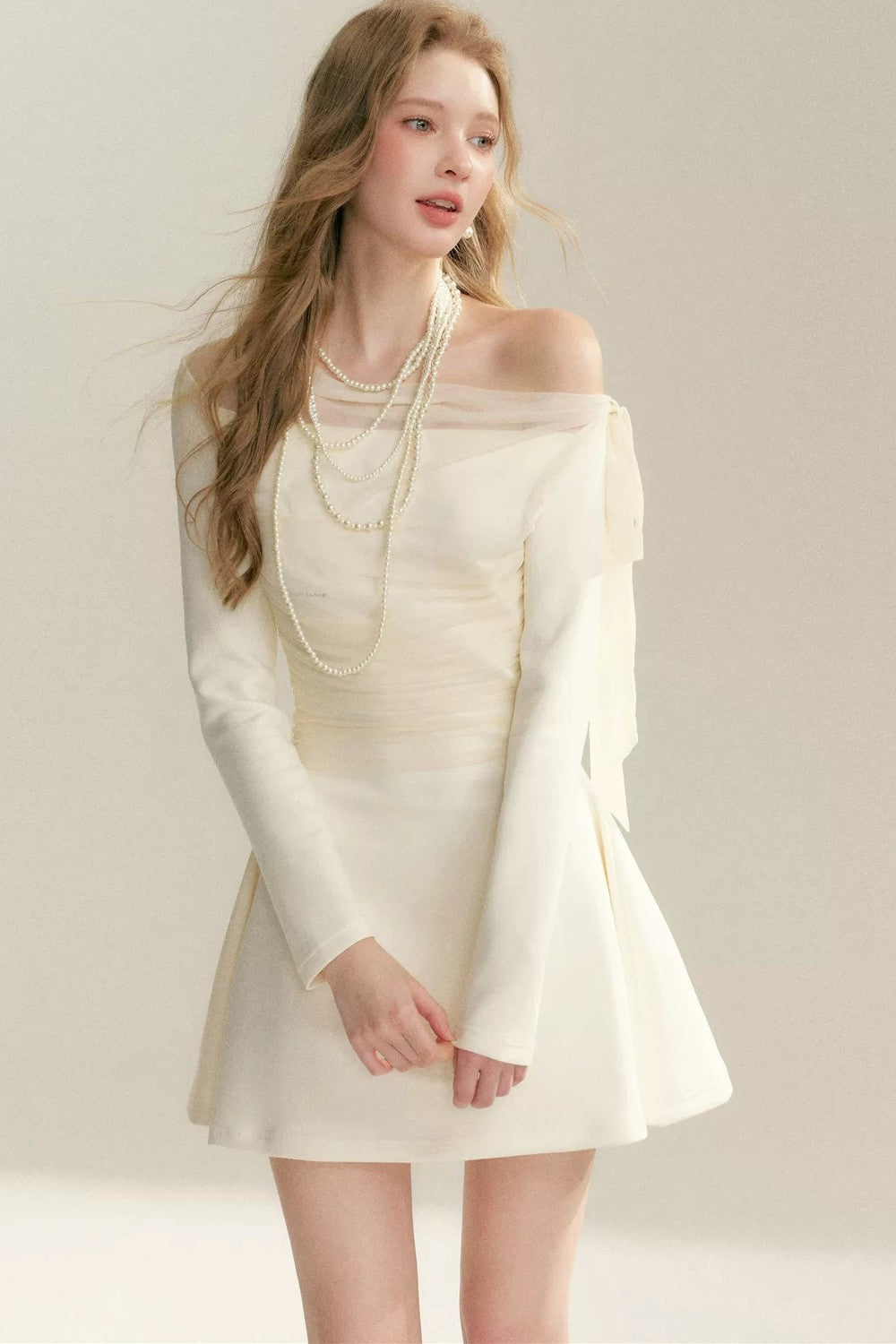 Pleated Tulle Bow Long-Sleeve Dress