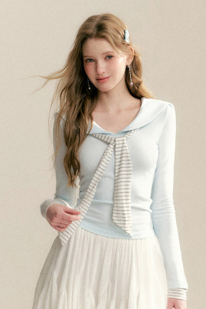 Navy Collar Striped Patchwork Tee
