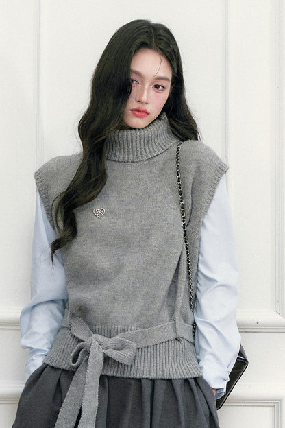 High-Neck Sleeveless Tie-Up Knit Vest