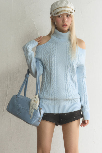 High-Neck Cut-Out Cable Knit Top and Pants Set-Up