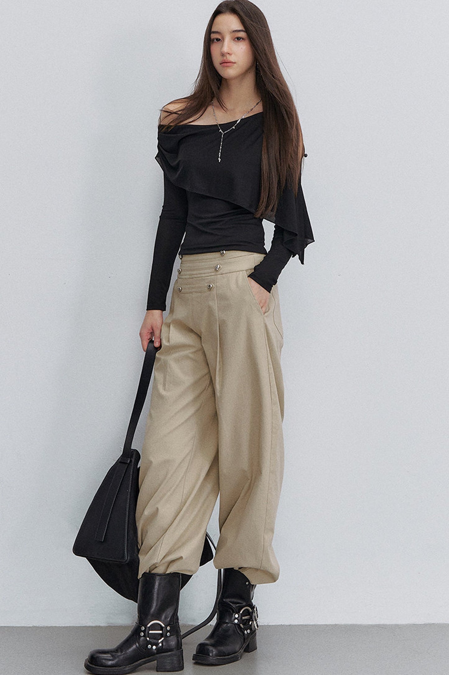 Pleated Heart Button Pants