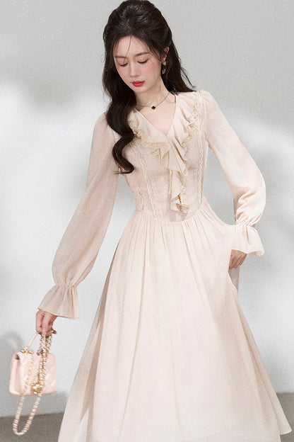 Ruffled V-Neck Long Dress