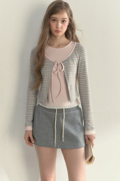 Layered-Look Floral Striped T-shirt