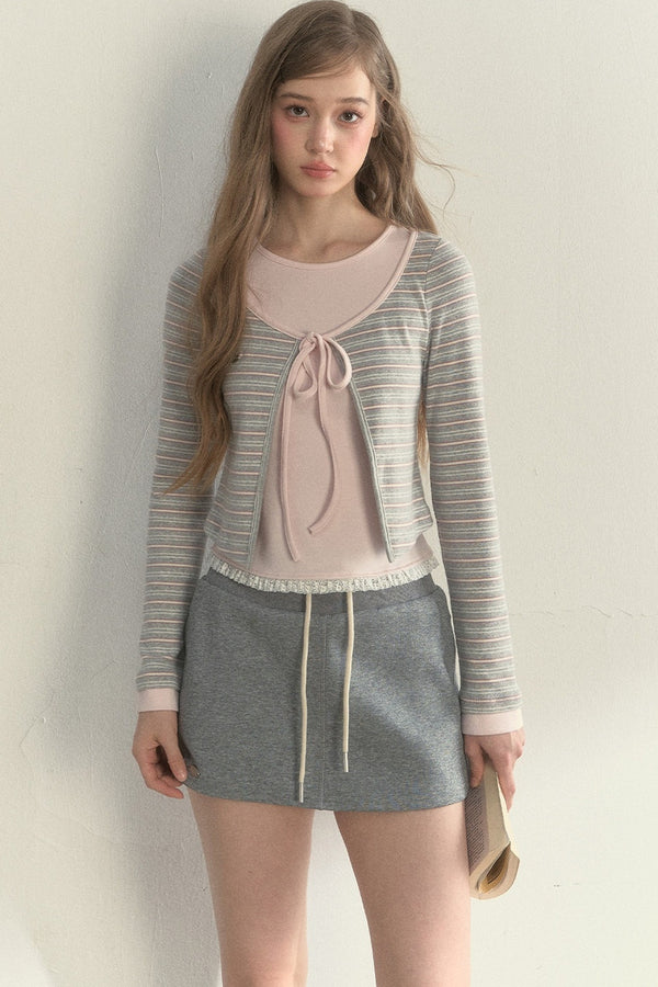 Layered-Look Floral Striped T-shirt