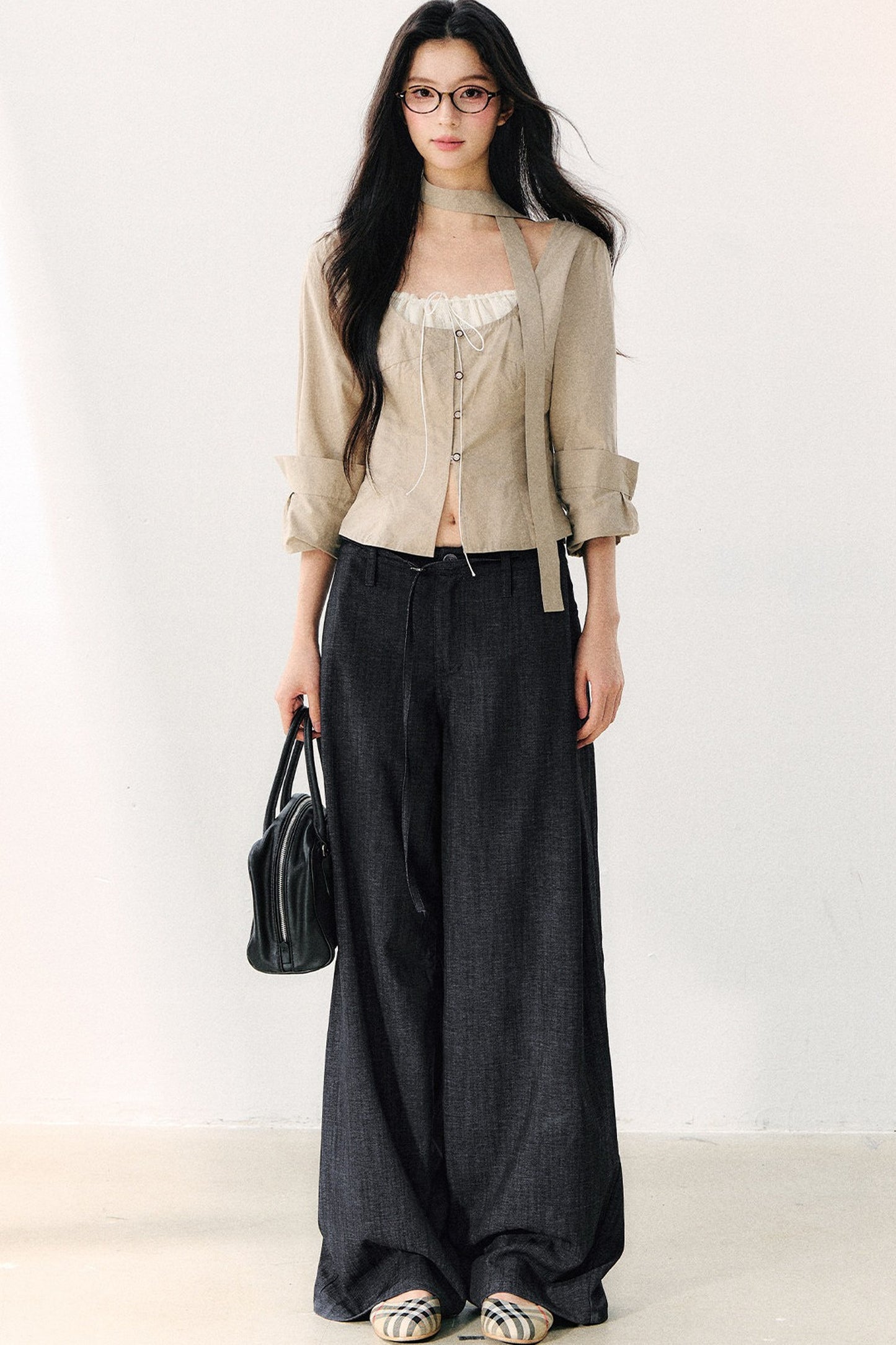Halter Neck Ribbon Patchwork Long Sleeve Top