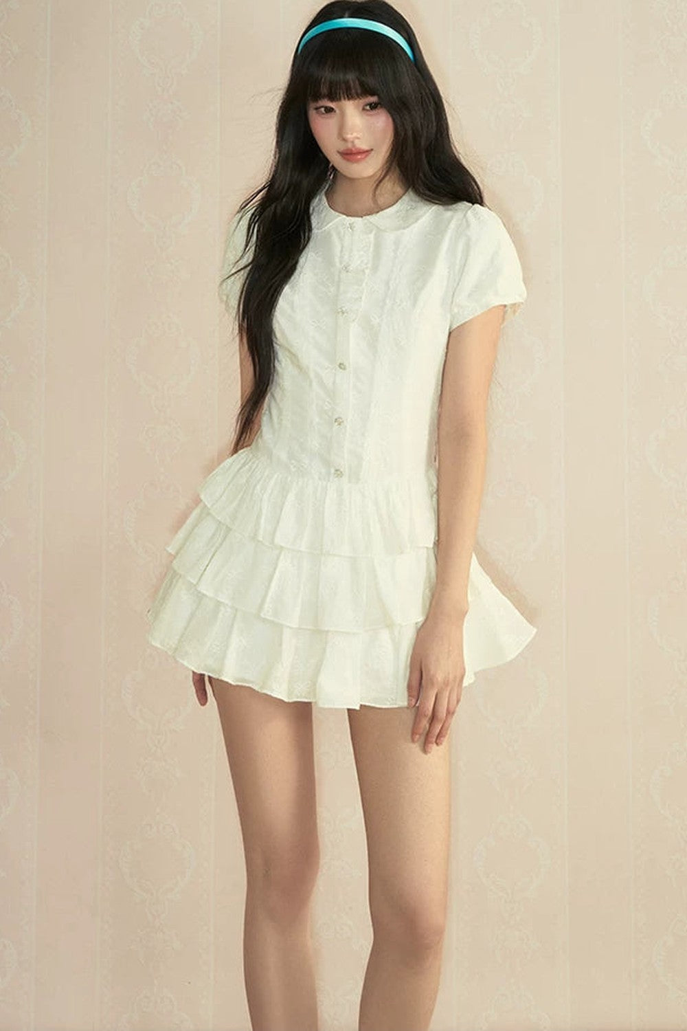 College Style Puff Sleeve Shirt Dress