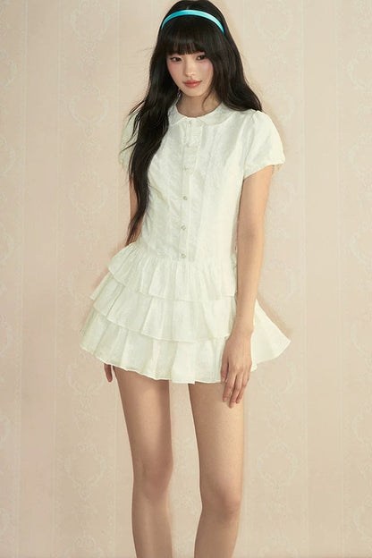 College Style Puff Sleeve Shirt Dress