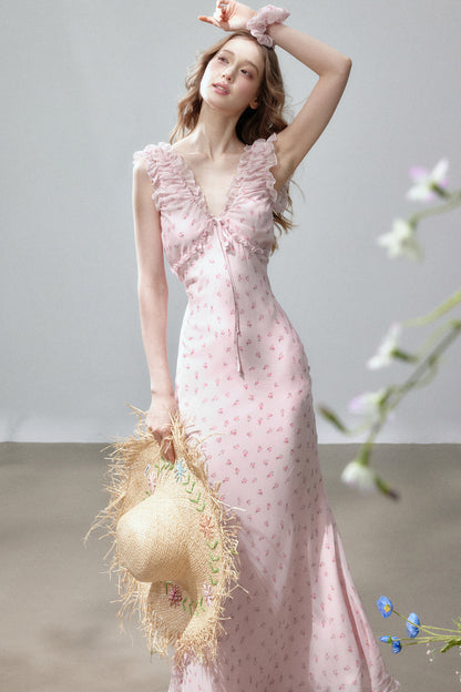 V-Neck Floral Fishtail Dress
