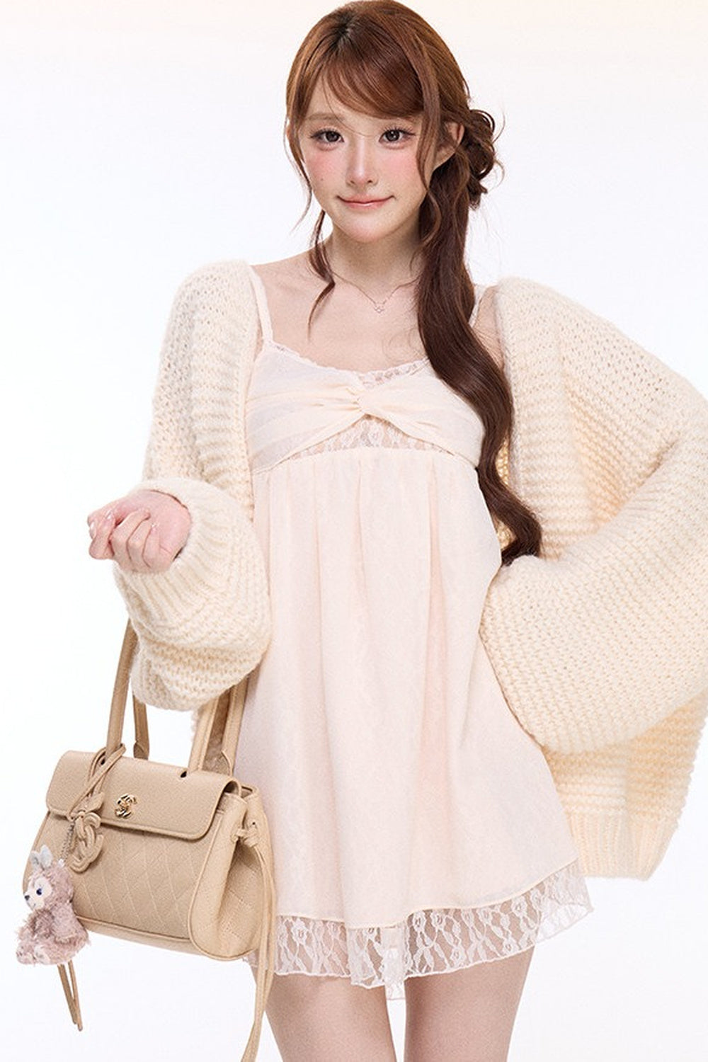 Spaghetti Strap Cross Knot Spliced Lace Dress and Cardigan Set-Up