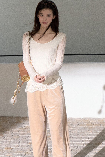 Jacquard Spliced Lace Knit Top