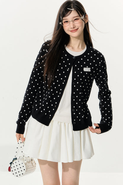 Polka Dot Knitted Cardigan and White Skirt Set-Up