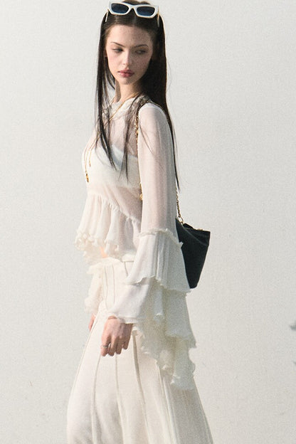Ruffled Sheer Top And Skirt Set-Up