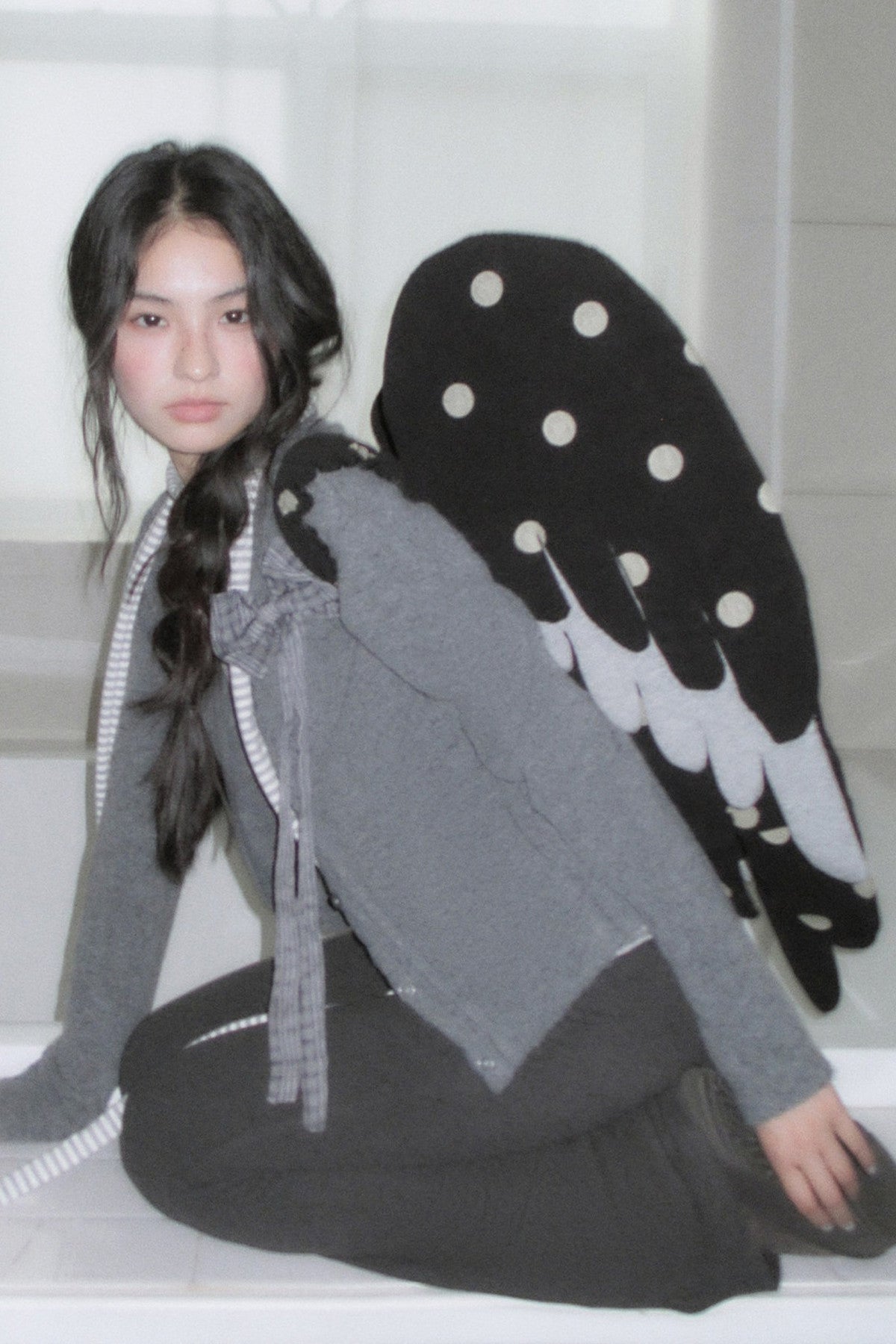 Gray Plaid Bow Knit Sweater and Pants Set-Up