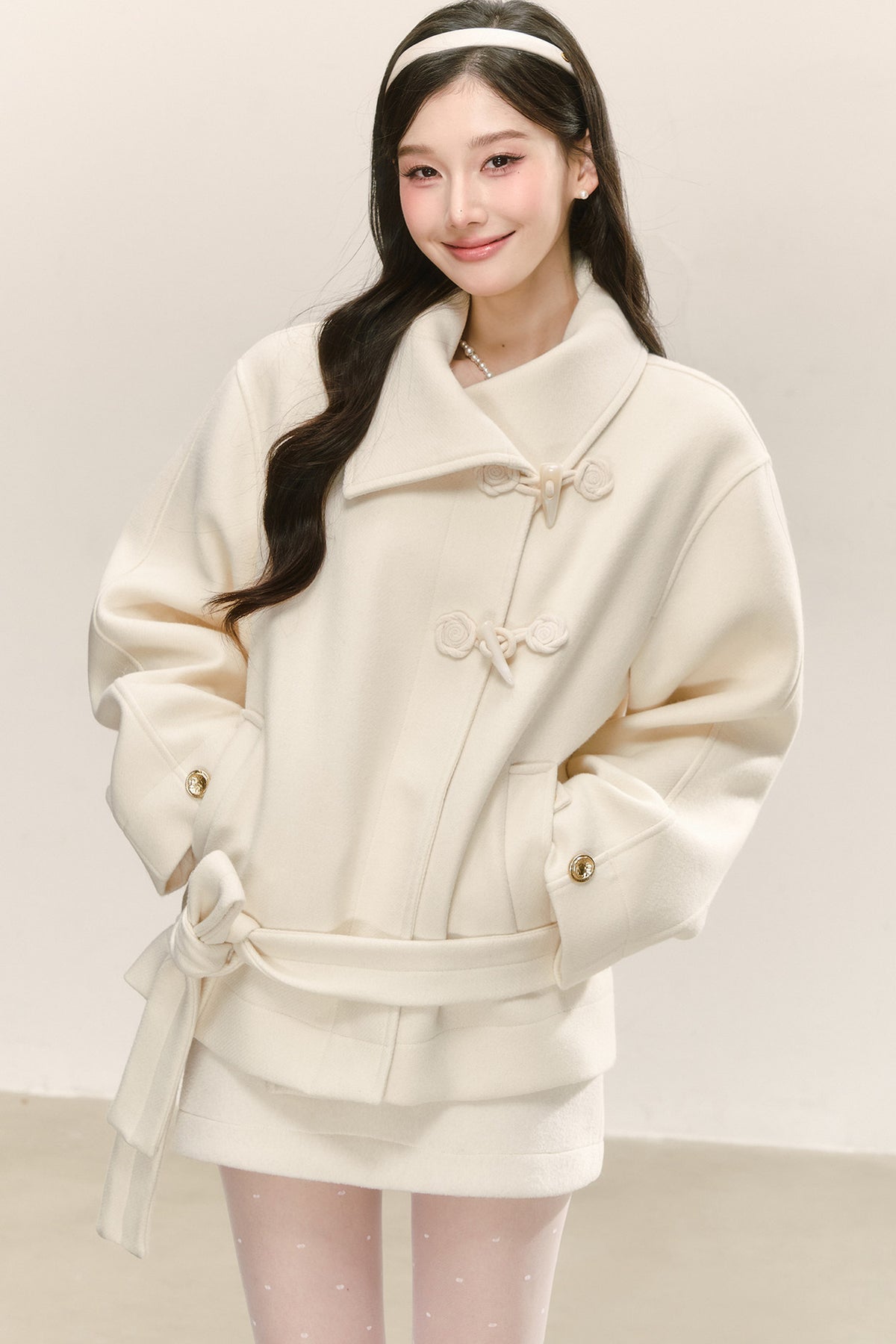 White Woolen Toggle Tie-Waist Coat