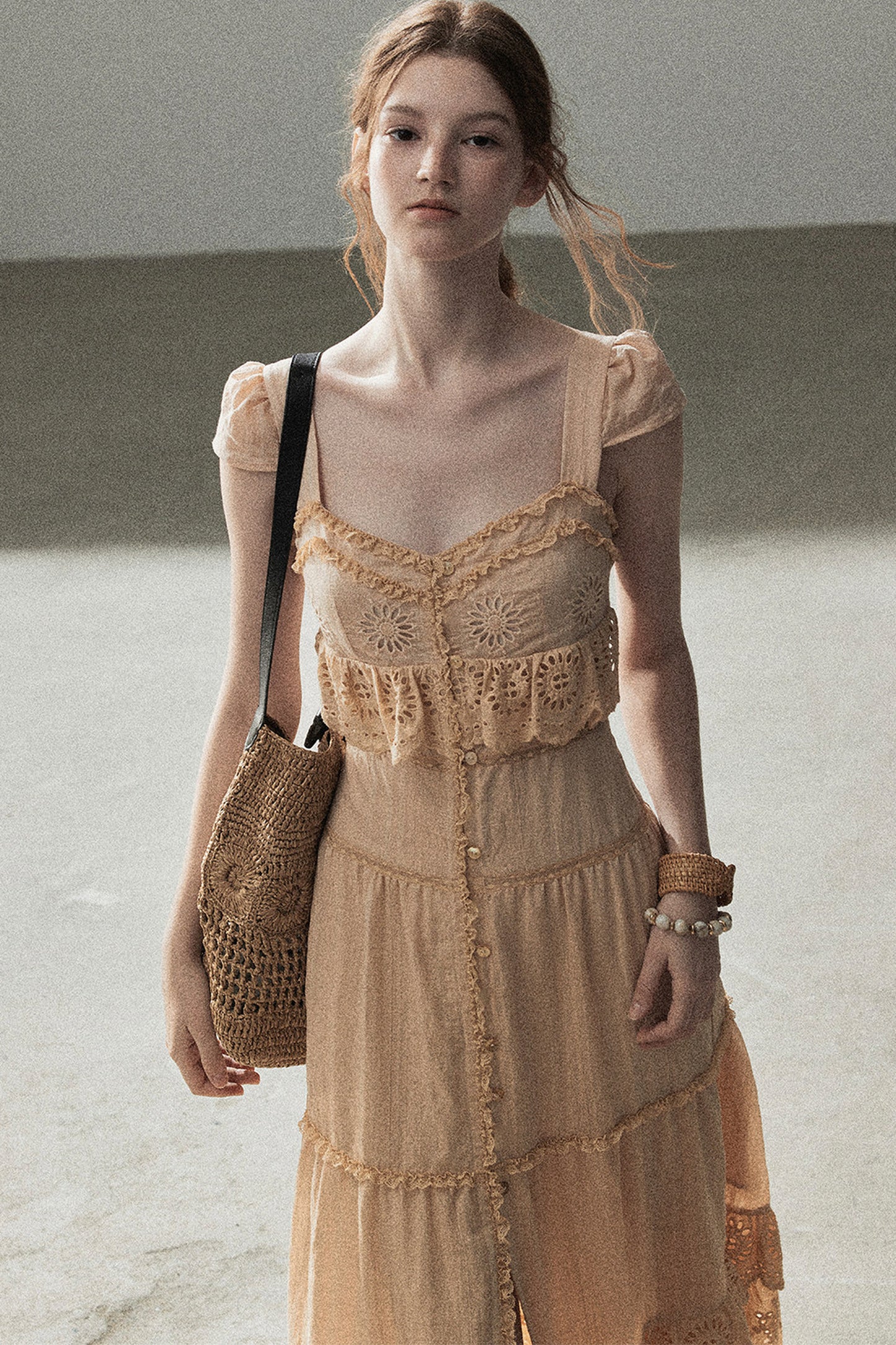 Ruffled French Short-Sleeve Long Dress