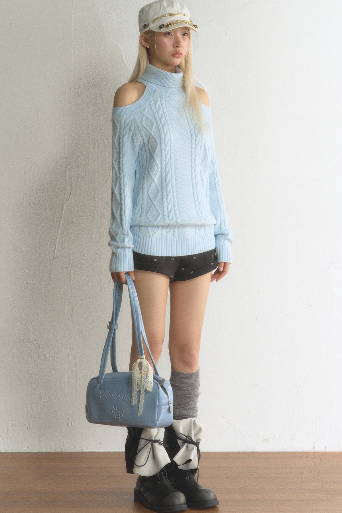High-Neck Cut-Out Cable Knit Top and Pants Set-Up