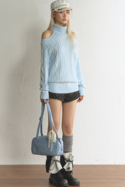 High-Neck Cut-Out Cable Knit Top and Pants Set-Up