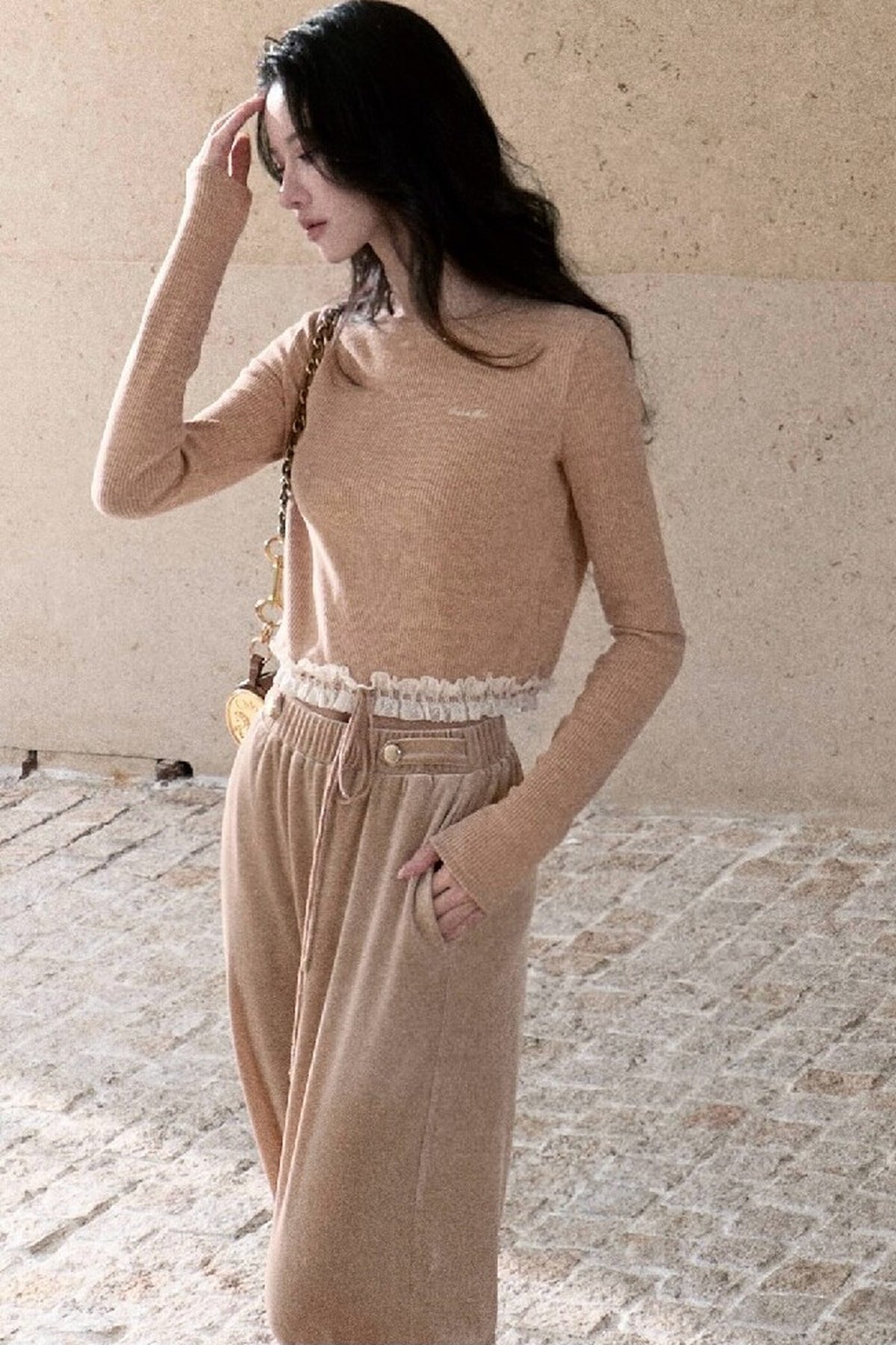 Lace Knit Long-Sleeve Top and Drape Velvet Straight-Leg Pants Set-Up