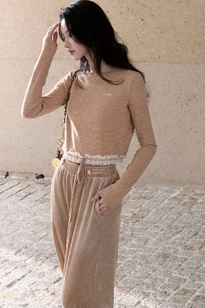 Lace Knit Long-Sleeve Top and Drape Velvet Straight-Leg Pants Set-Up