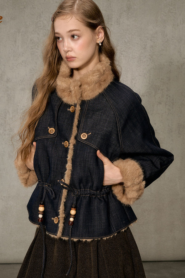 Fur Collar Denim Drawstring Jacket