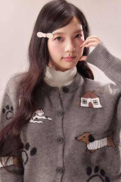 Paw Print Jacquard Knit Cardigan