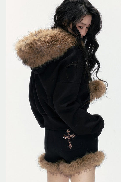 Studded Embroidered Detachable Fur Collar Sweatshirt And Shorts Set-Up