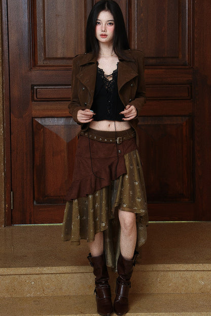 Suede Floral Patchwork Skirt