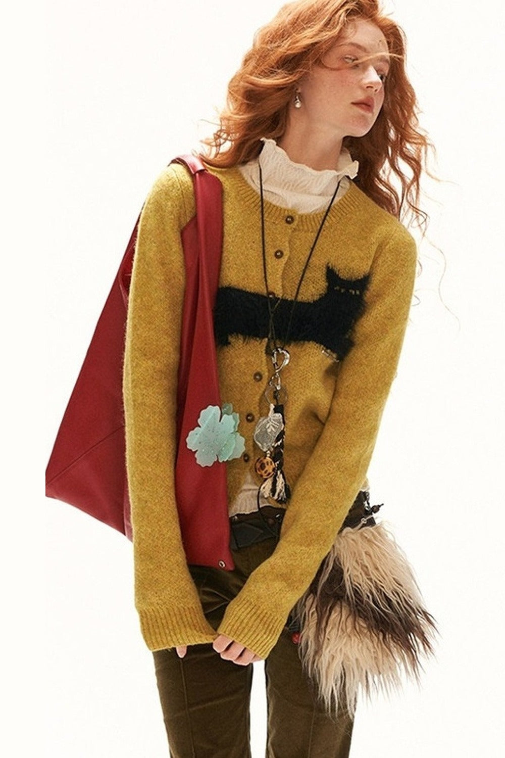 Cat Jacquard Button Knit Cardigan