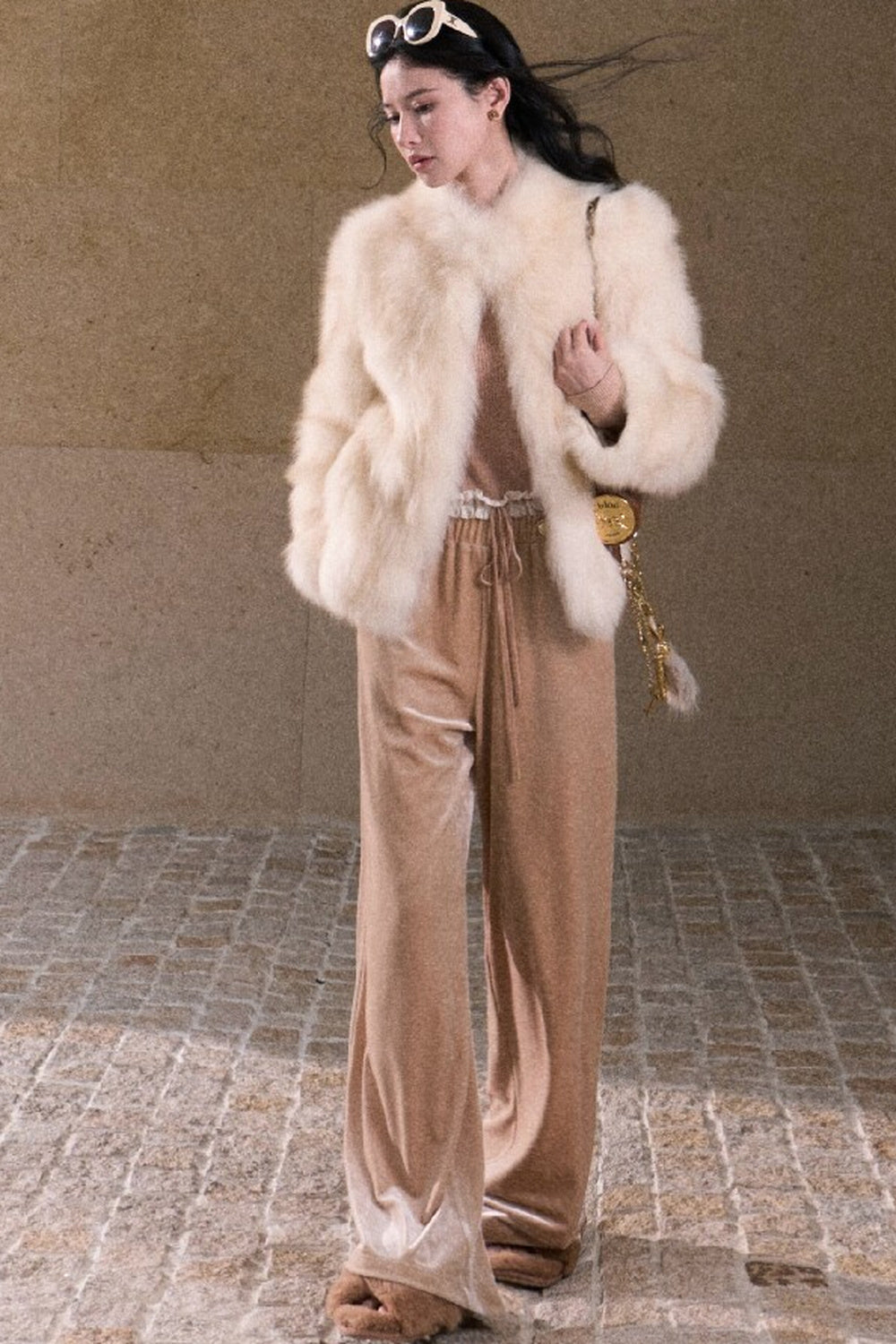 Lace Knit Long-Sleeve Top and Drape Velvet Straight-Leg Pants Set-Up