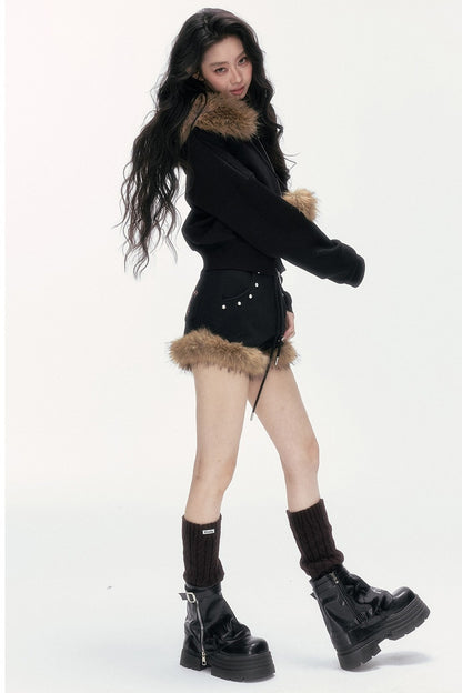 Studded Embroidered Detachable Fur Collar Sweatshirt And Shorts Set-Up