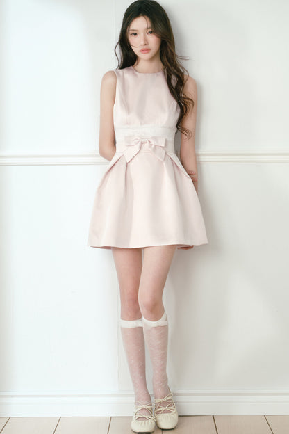 Pink Satin Sleeveless Bow Dress