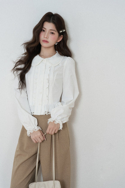 White Long-Sleeved Loose Pullover Doll Collar Shirt